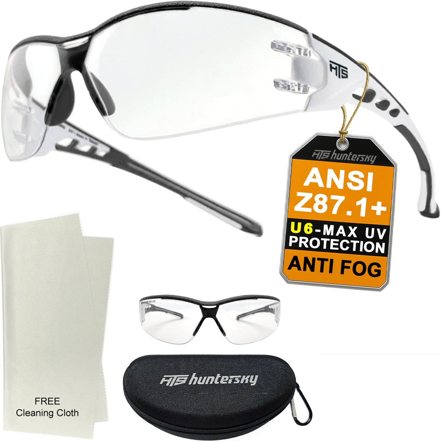 HTS HUNTERSKY E9532 Super Flexible Lightweight Anti Fog Wrap-Around U6 Clear Shooting Safety Glasses with ANSI Z87.1 Scratch Resist