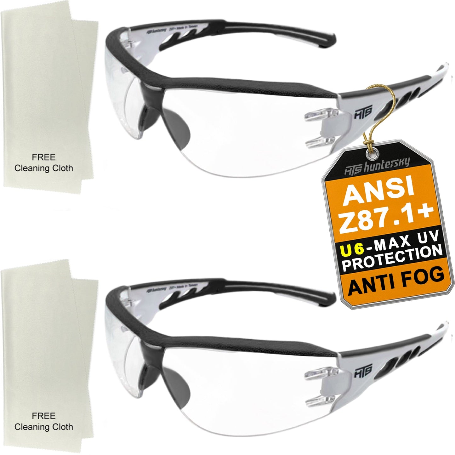 HTS HUNTERSKY E9532 Super Flexible Lightweight Anti Fog Wrap-Around U6 Clear Shooting Safety Glasses with ANSI Z87.1 Scratch Resist