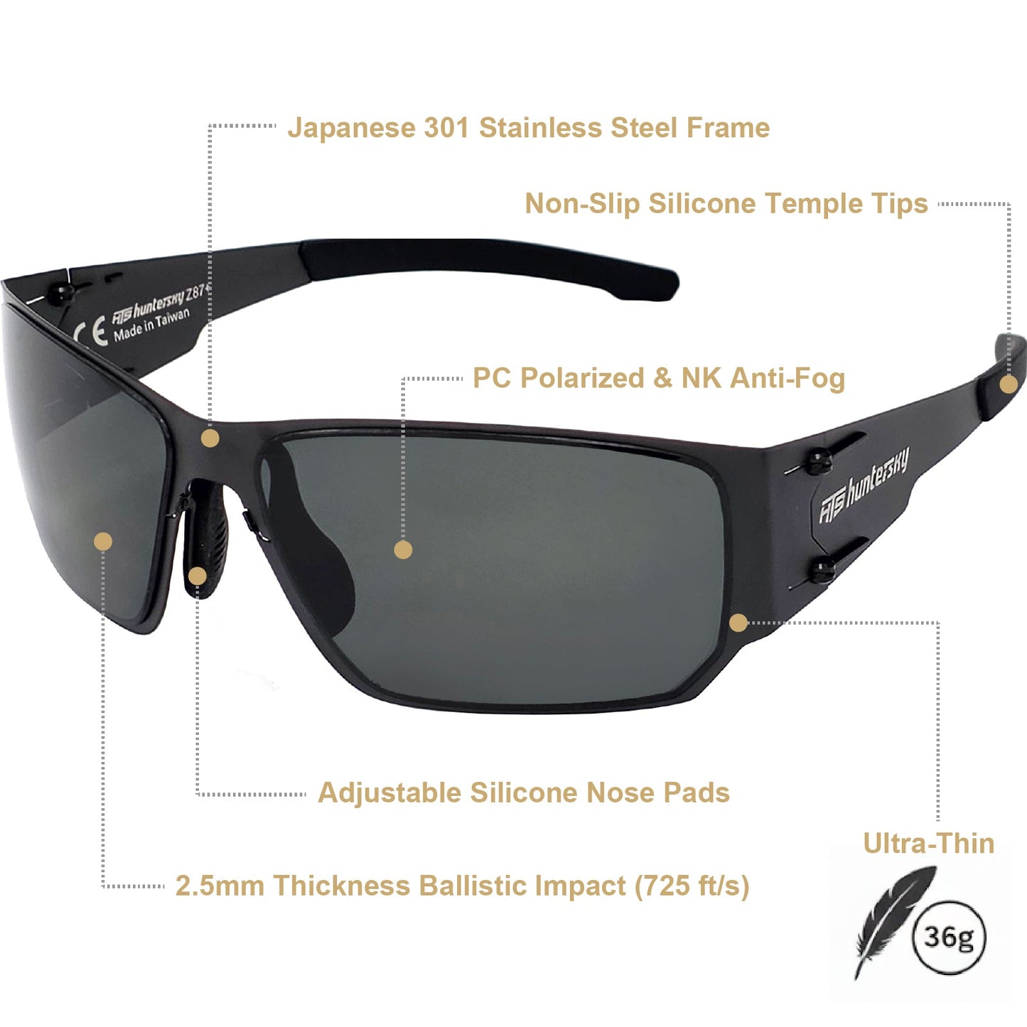 HTS HUNTERSKY M02 0.6 thin Japanese 301 Stainless Steel lightweight MILSPEC 2.5mm Thickness Impact Polarized Anti Fog Glasses